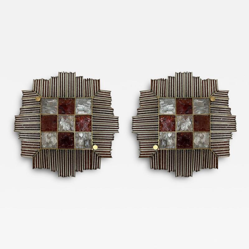 Biancardi Jordan Pair of Hammered Glass Wrought Iron Sconces by Biancardi Jordan Italy 1970s