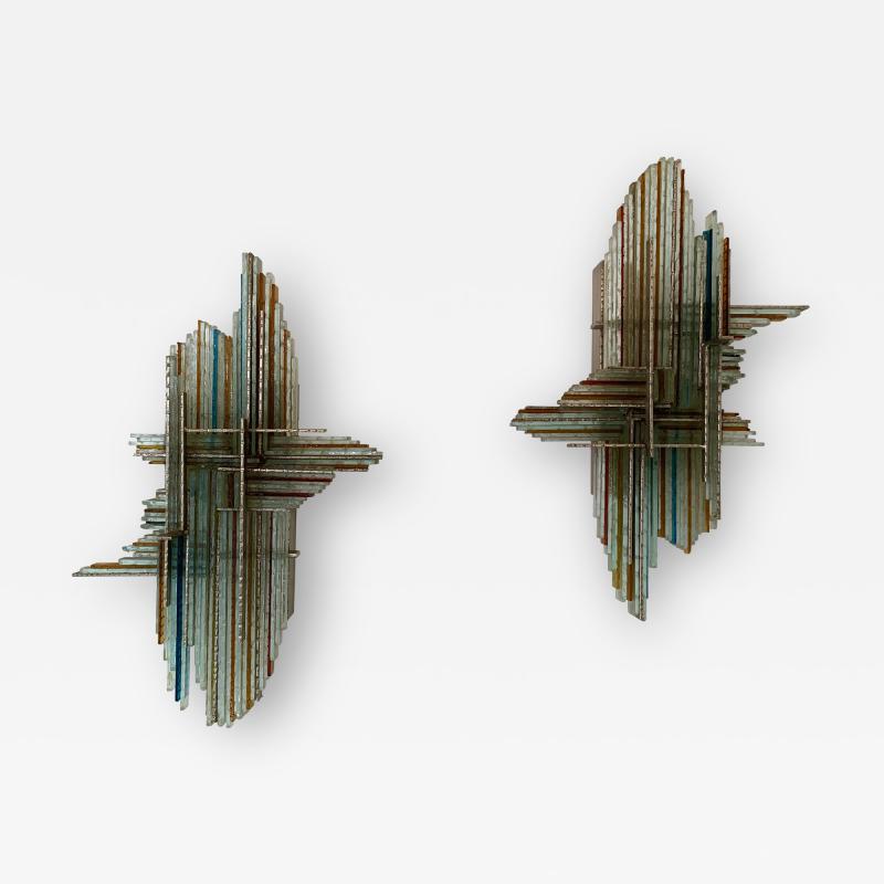 Biancardi Jordan Pair of Hammered Glass and Metal by Biancardi Jordan Italy 1970s