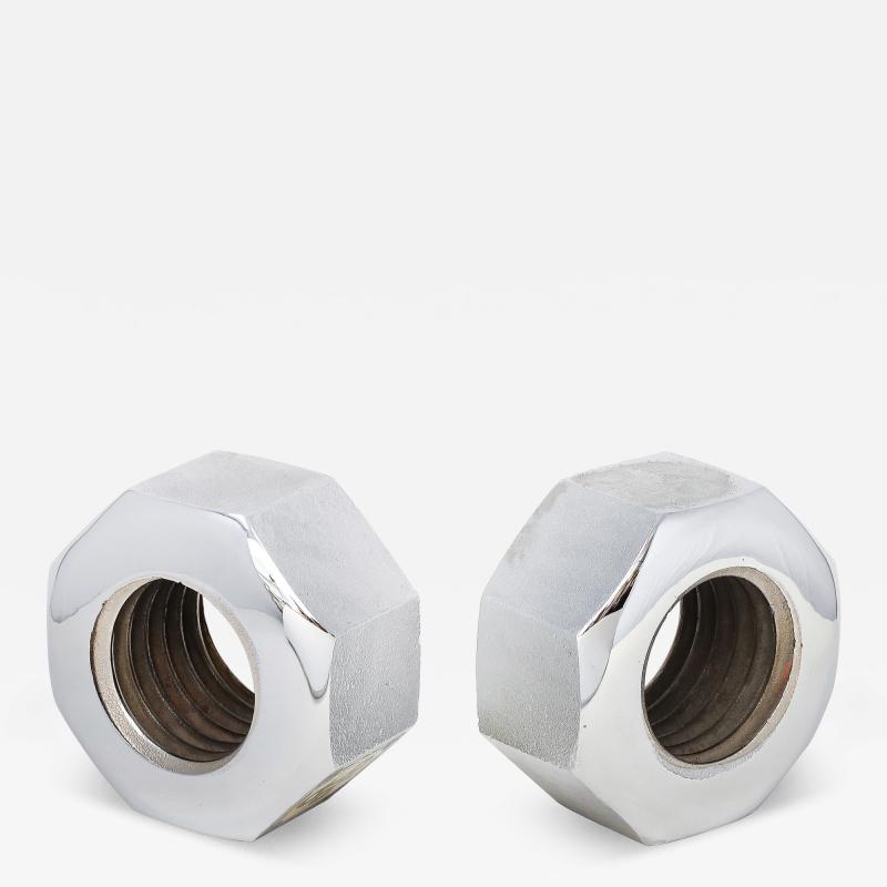 Bill Curry Pair of Bill Curry Design Line Nut Bookends Nickel Chrome Cast Iron Signed