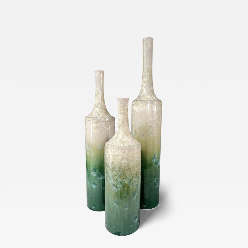 Bill Powell Pearl and Emerald Crystal Column Bottles Set of 3 