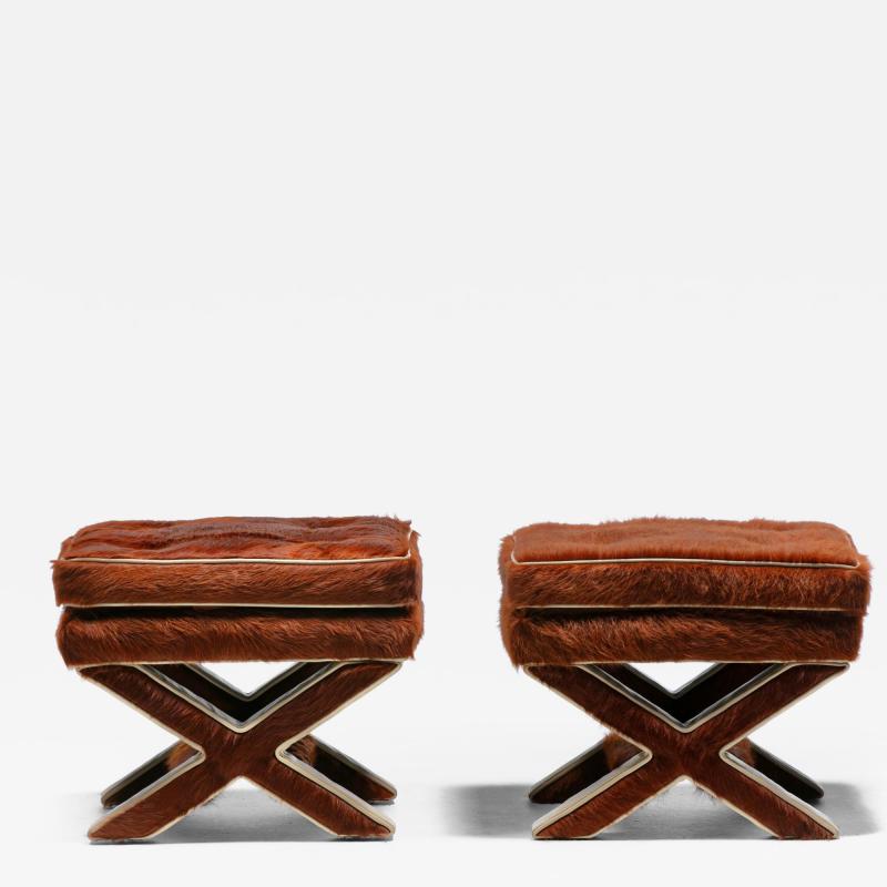 Billy Baldwin Pair of Billy Baldwin Style X Stools in Cinnamon Cowhides Ivory Leather c 1970