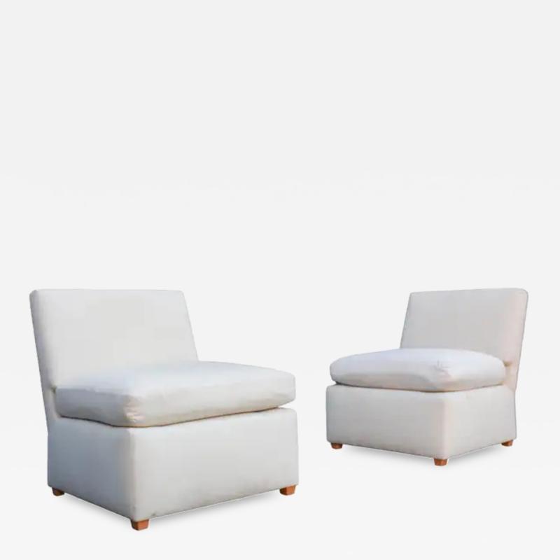 Billy Baldwin Pair of Signed Billy Baldwin White Upholstered Postmodern Slipper Lounge Chairs