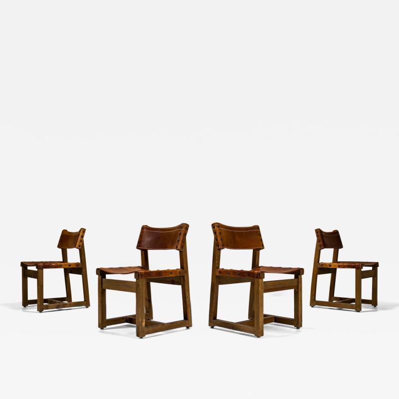 Biosca Set Of 4 Chairs In Pine And Cognac Saddle Leather Spain 1960s