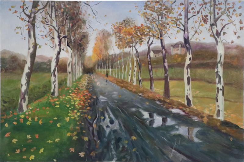 Birch Tree Lined Road And Landscape Painting