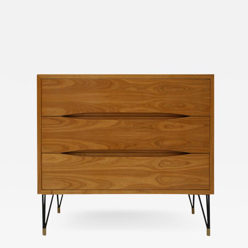 Birch Wood Three Drawers and Brass Details Italian Sideboard