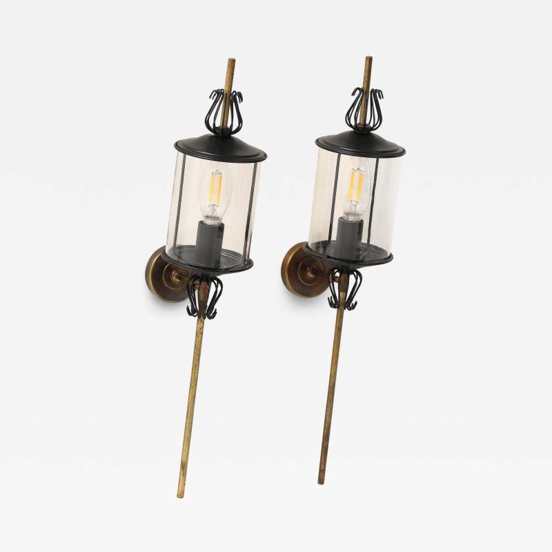Black Enameled Steel Tole Brass and Glass Sconces by Lunel France 1960s