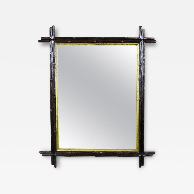 Black Forest Rustic Mirror with Gilt Bar Hand Carved Austria circa 1880