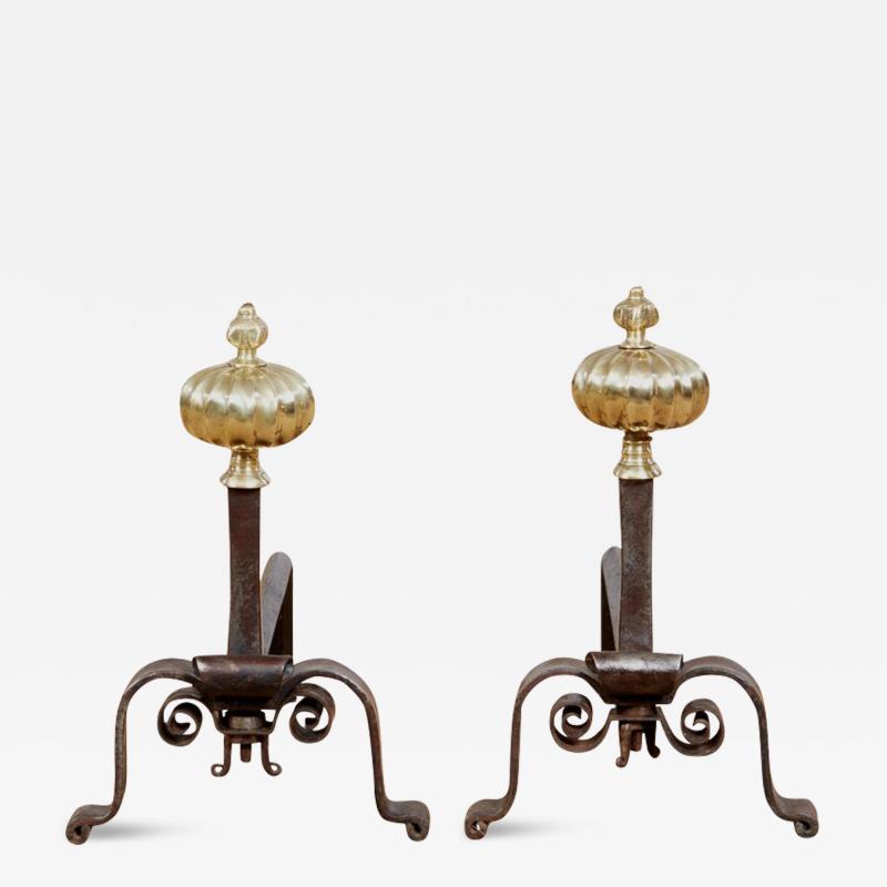 Black Iron and Brass Onion Finial Andirons