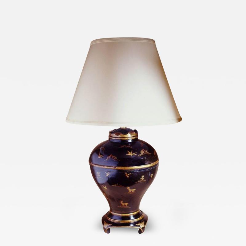 Black Lacuered Urn Shaped Lamp with Gold Chinoiserie Decoration