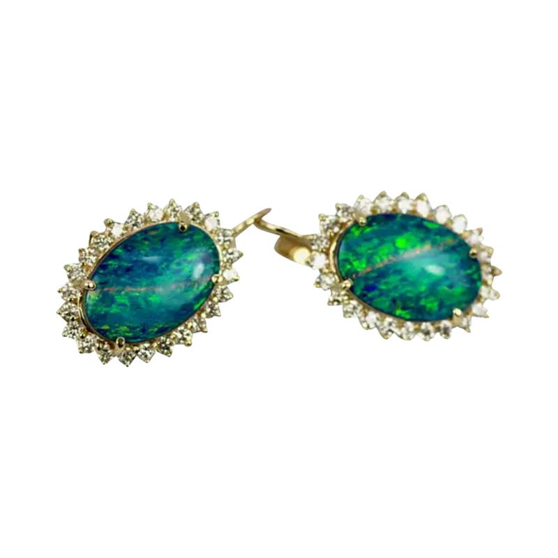 Black Opal Diamond Earrings 14 Karat Yellow Gold