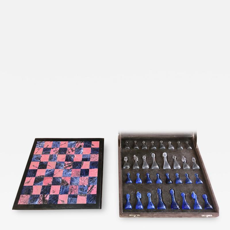 Blu Marble and Art Glass Chess Game Set Italy ca 1970s