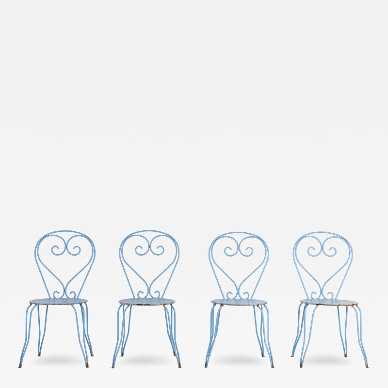 Blue Paint French Pierced Seat Heart Garden Dining Chairs Set of 4 1960s
