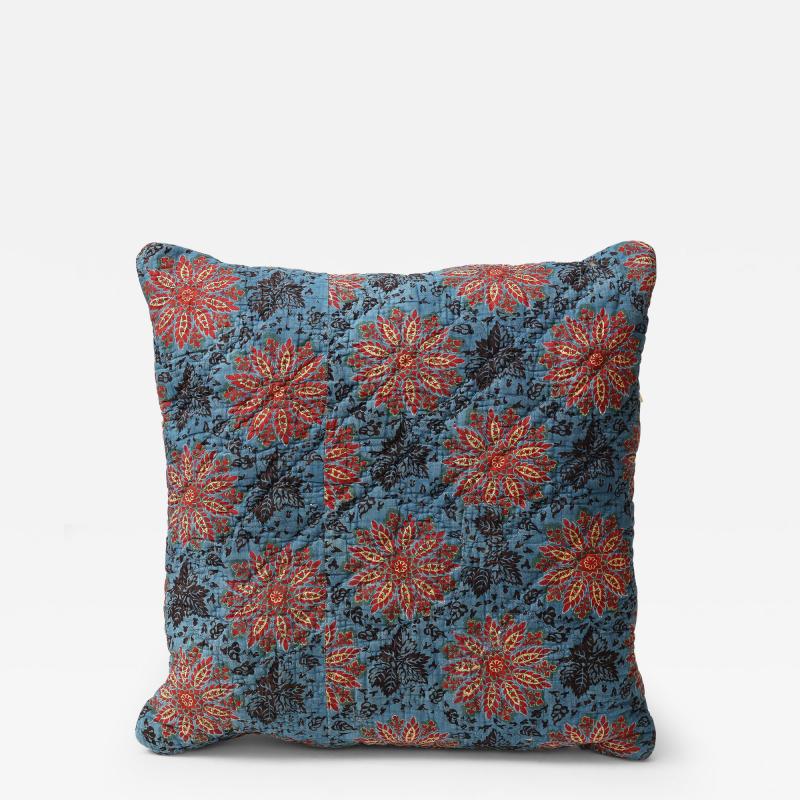 Blue Red and Yellow Block Printed Floral Cotton 19th C Textile Pillow