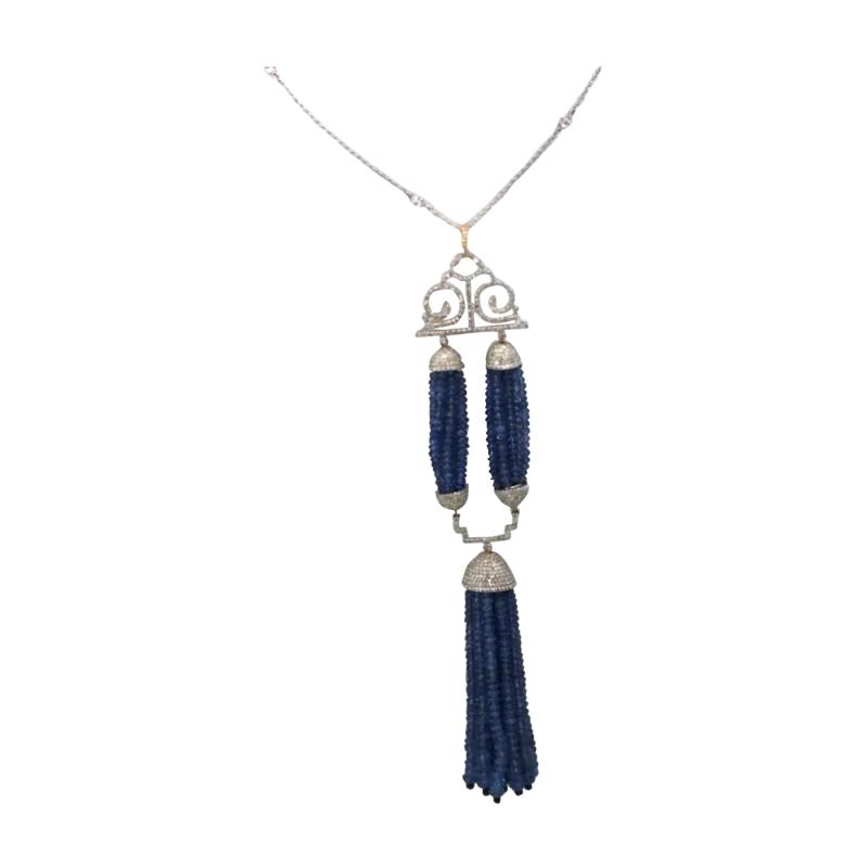 Blue Sapphire Beaded Double Tassel Pendant Necklace