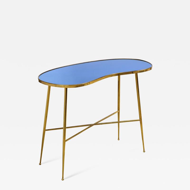 Blue mirror console table with brass legs attributed to Fontana Arte