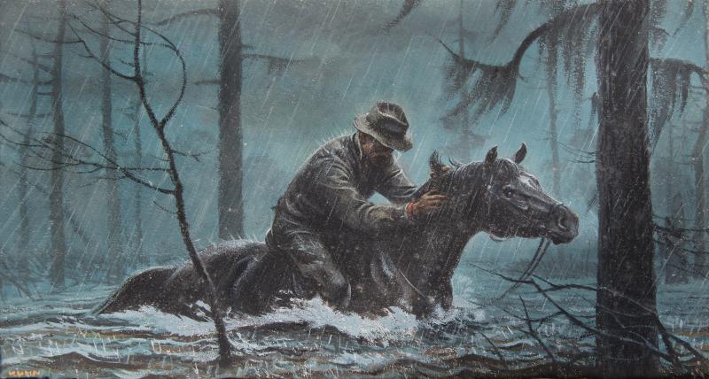 Bob Kuhn Cowboy on Horseback in the Rain