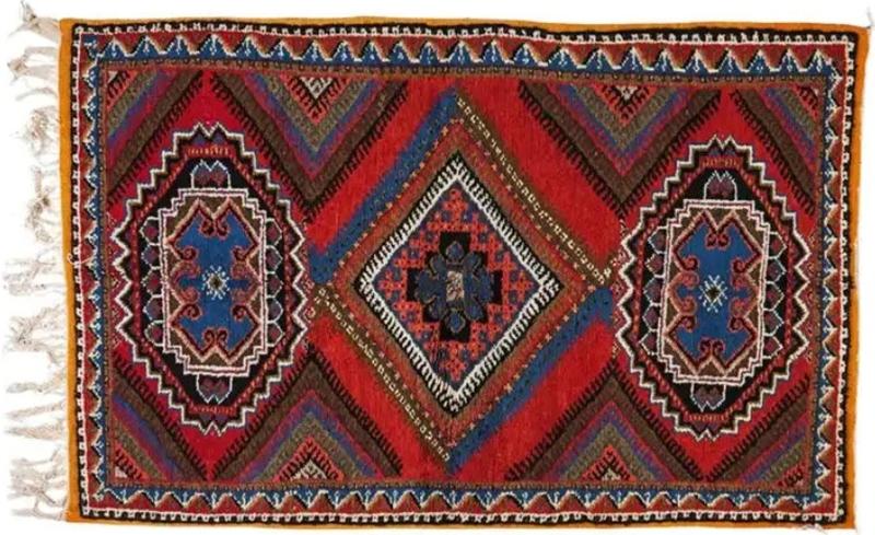 Boho Chic Moroccan Handwoven Blue Red Wool Diamond Design Rectangular Rug