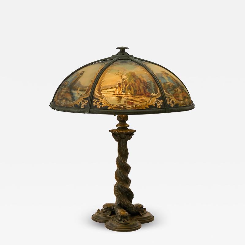 Bradley Hubbard Reverse Painted Glass and Patinated Metal Scenic Table Lamp