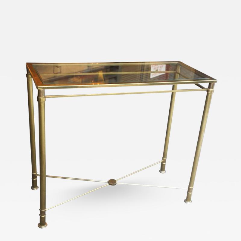 Brass Console Table with Glass Top and Brass Stretchers