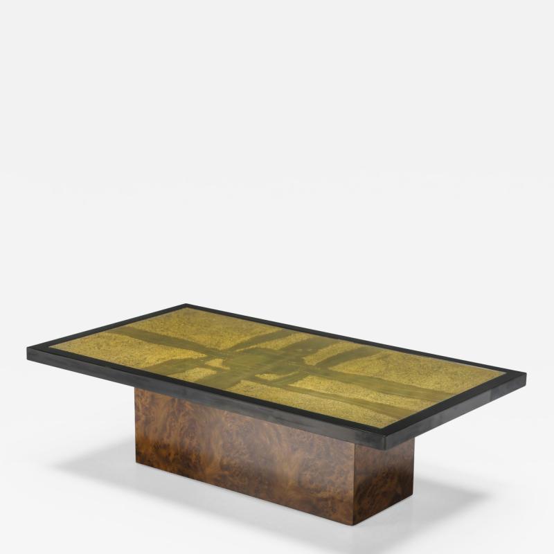 Brass Etched Coffee Table with Burl Base by Maho 1970s