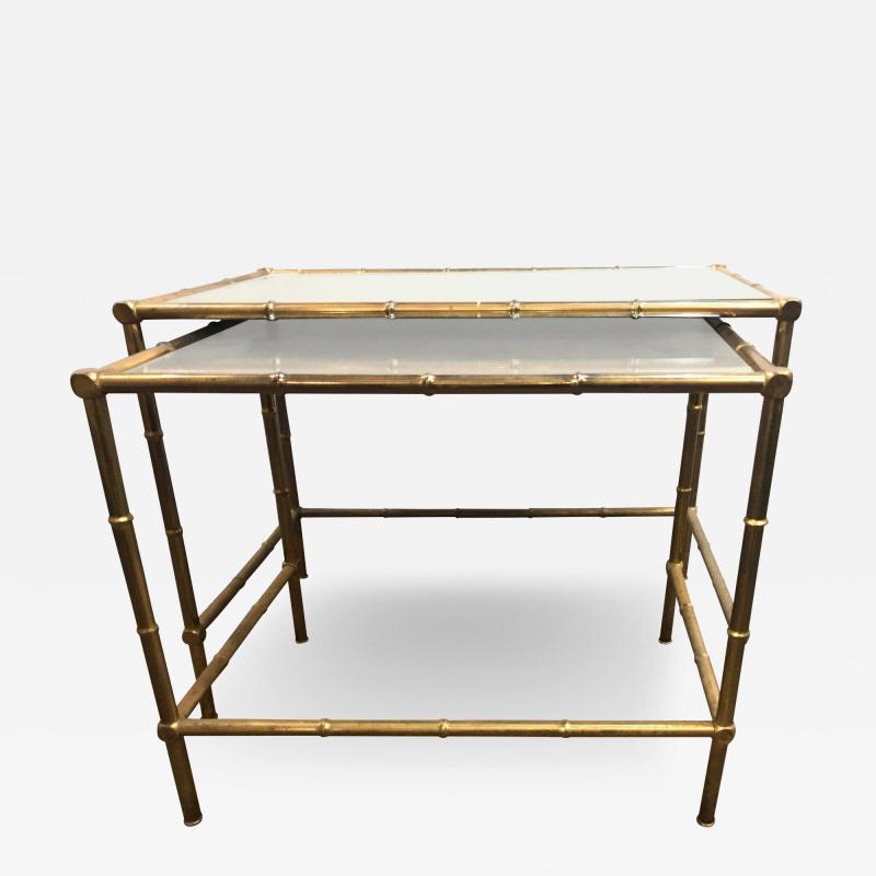 Brass Nest of Tables with Mirror Tops in Bamboo Form
