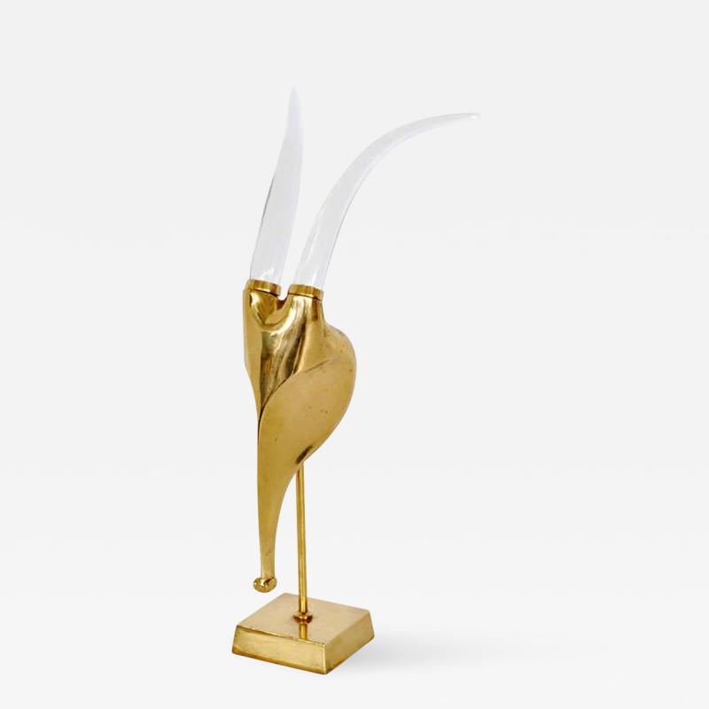 Brass Ram Sculpture with Glass Horns