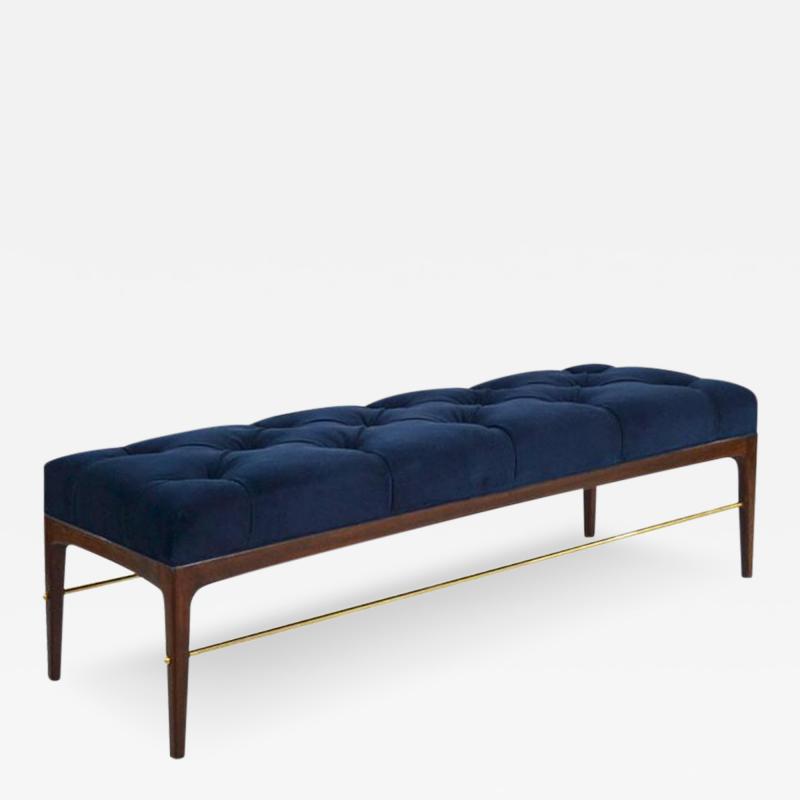 Brass Rodded Bench In Tufted Blue Velvet