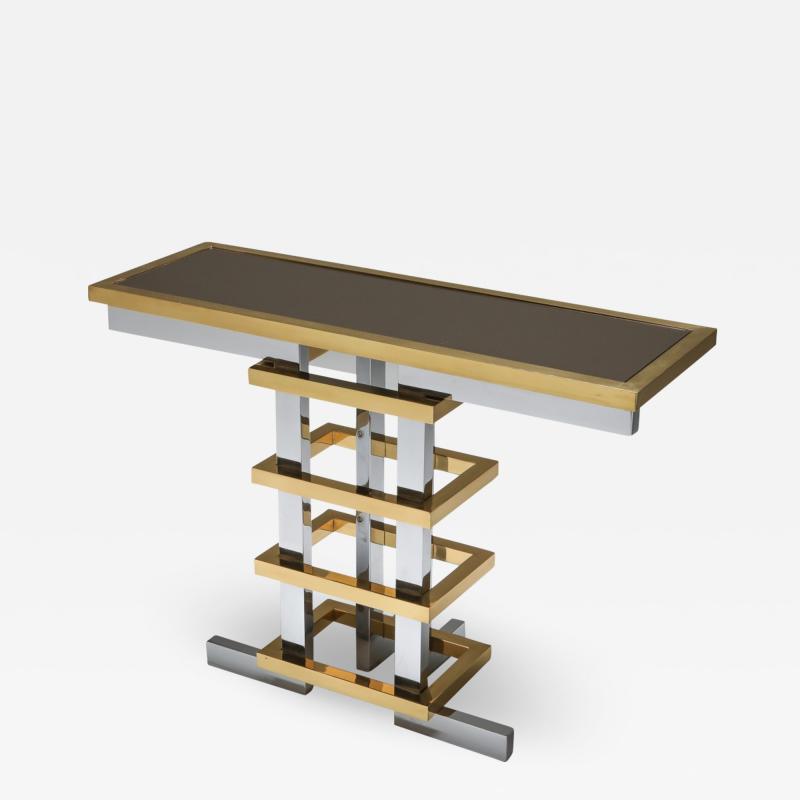 Brass and Chrome Console Table with Glass Top Duchise 1970s