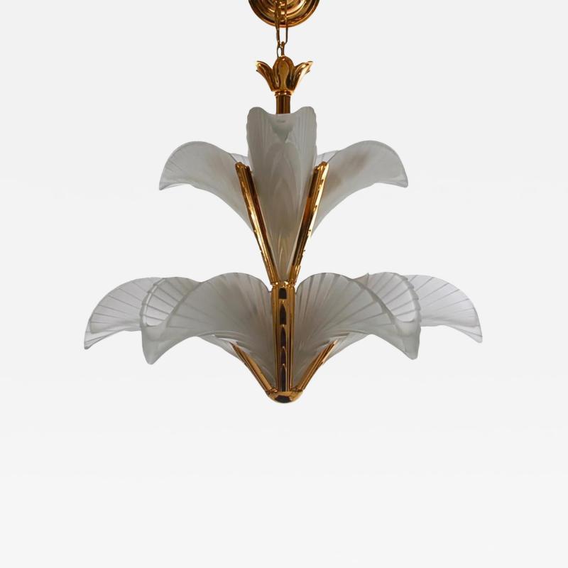 Brass and Frosted Glass Hollywood Regency Art Deco Slip Shade Chandelier