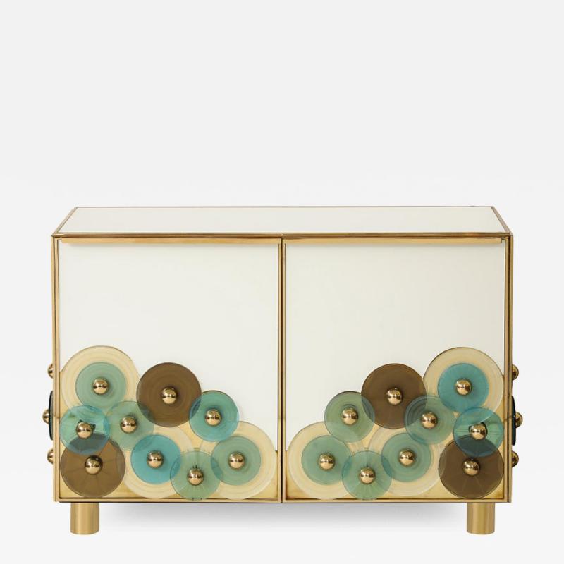 Brass and Ivory Murano Glass with Glass Discs Sideboards Italy Pair Available