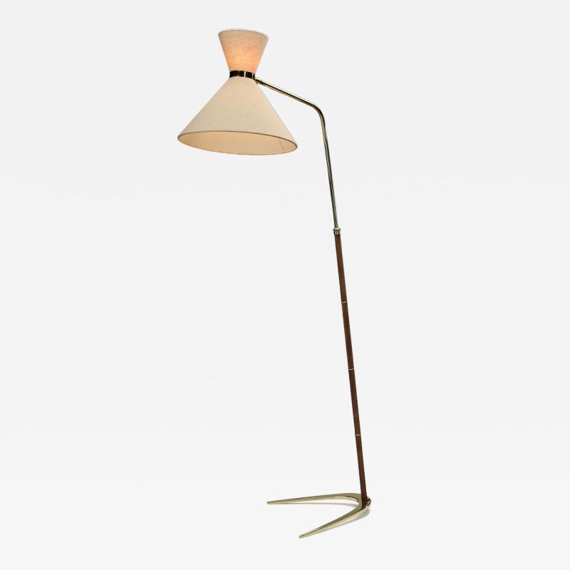 Brass and Leather Floor Lamp with Diabolo Shade Europe 1950s