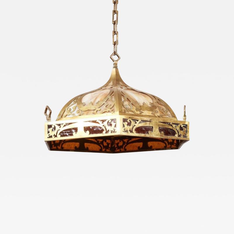 Brass and Slag Glass Arts and Crafts Pendant Fixture