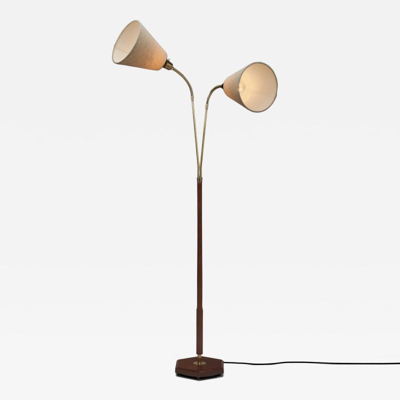 Brass and Wood Floor Lamp with Two Adjustable Arms Europe Mid 20th Century