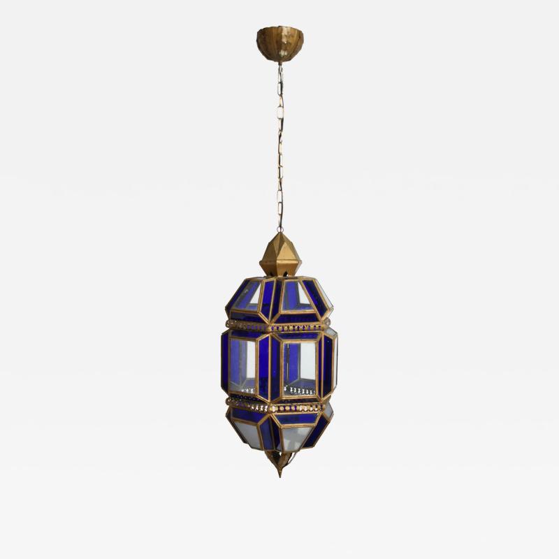 Brass and blue glass lantern ceiling lamp 1970s 