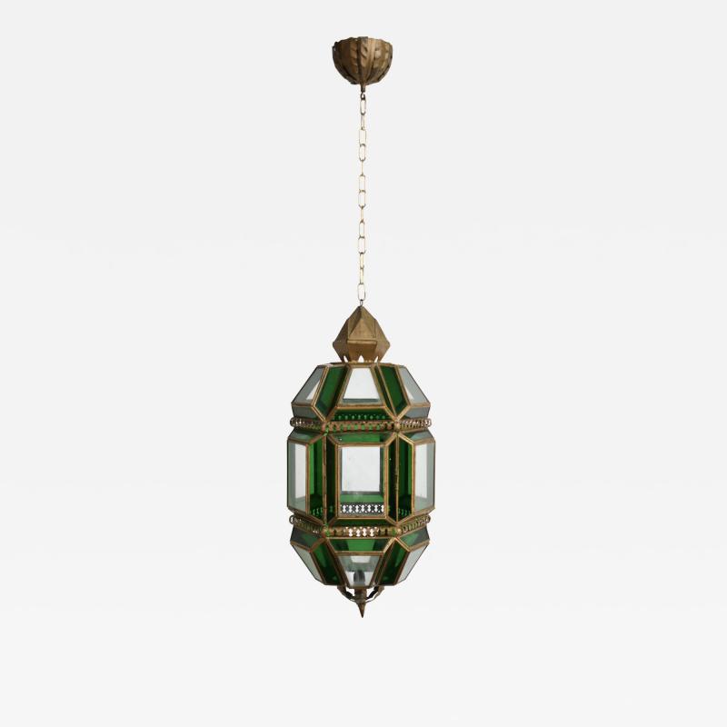 Brass and green glass lantern ceiling lamp 1970s 