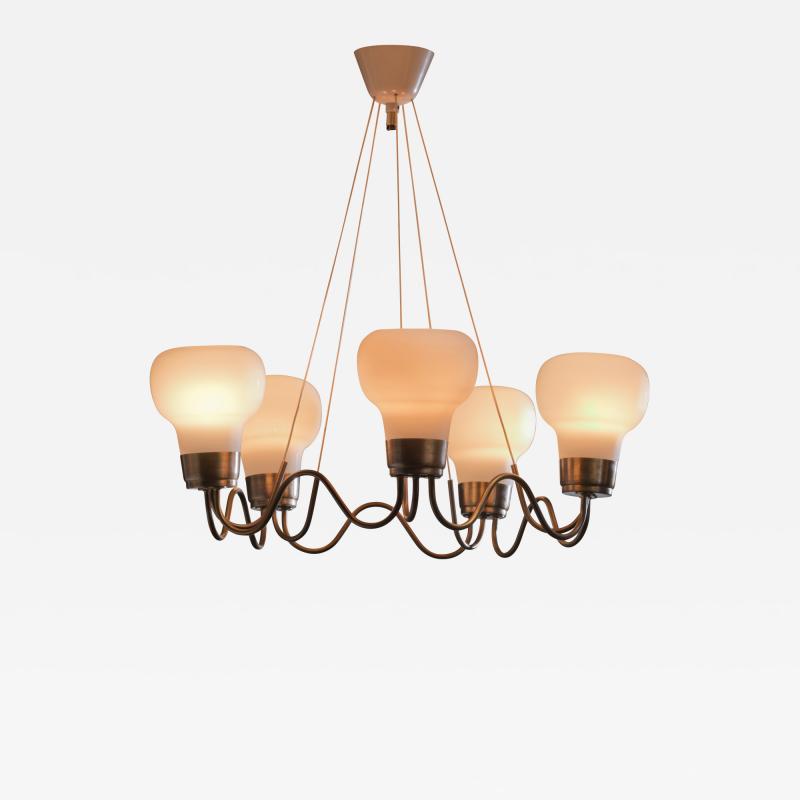 Brass chandelier with 5 glass shades