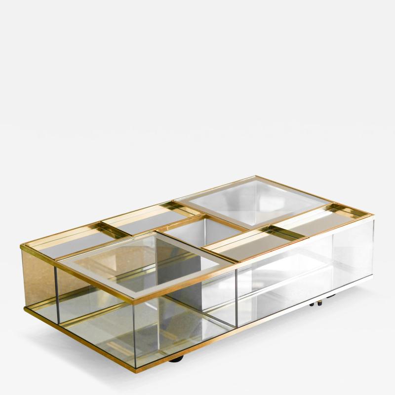 Brass glass and mirrored glass coffee table with removable trays 1970