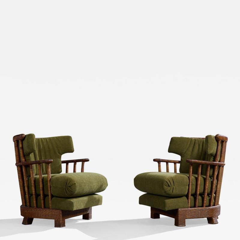 Brazilian Designer Lounge Chairs with Rattan and Fabric Brazil 1960s