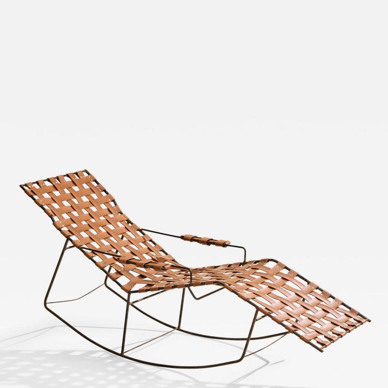 Brazilian Designer Rocking Chaise Longue with Iron and Leather Brazil 1950s