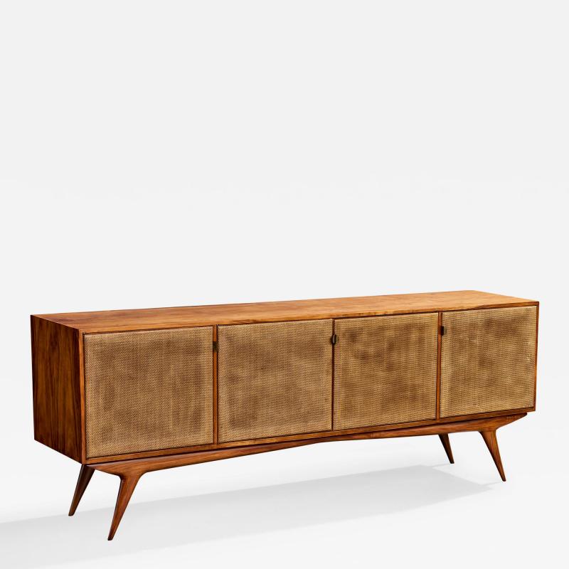 Brazilian Designer Sideboard with Wood Cane and Brass Brazil 1950s