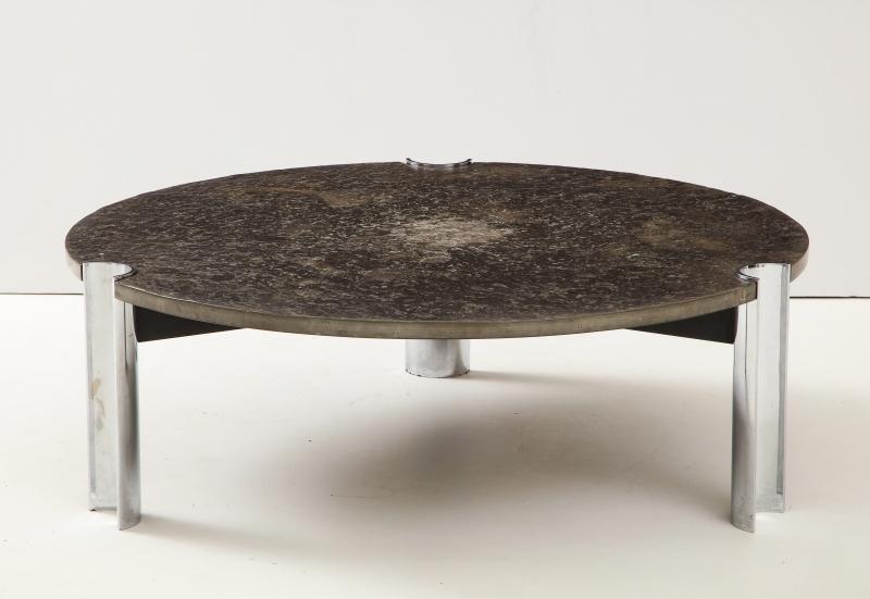 Brazilian Limestone and Chrome Coffee Table with Fossils, 1970s