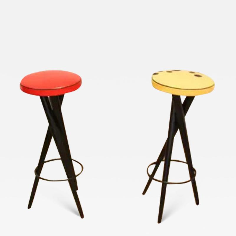 Brazilian Modern Bar Stools in Hardwood Red Yellow Leather S Brazil 1950s