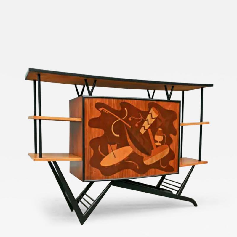 Brazilian Modern Bar in Hardwood Party Motif Marquetry Unknown 1950s Brazil