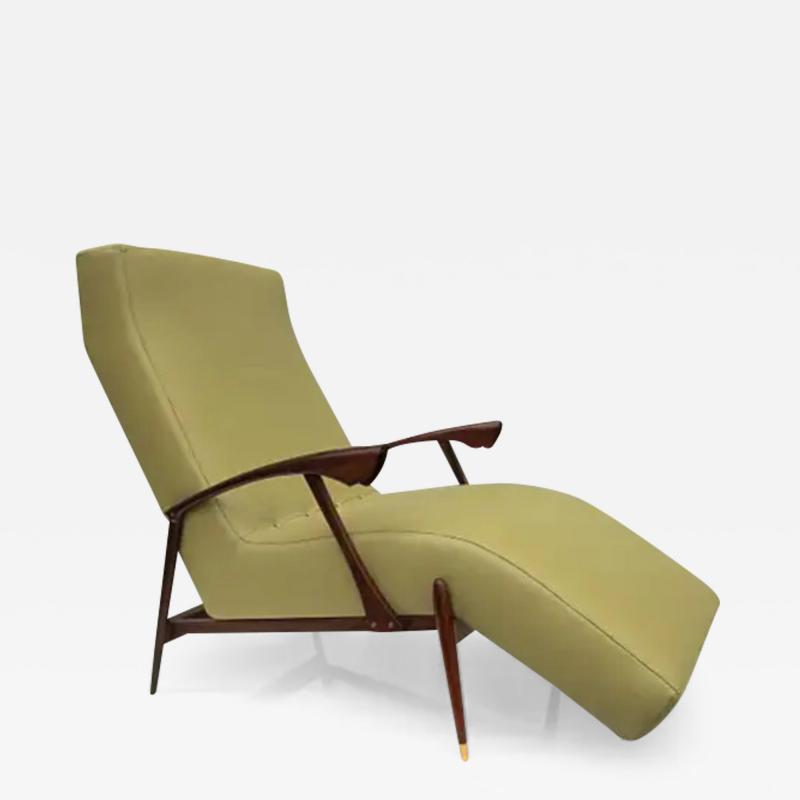 Brazilian Modern Chaise Lounge in Green Leather Hardwood Brass 1960s Brazil