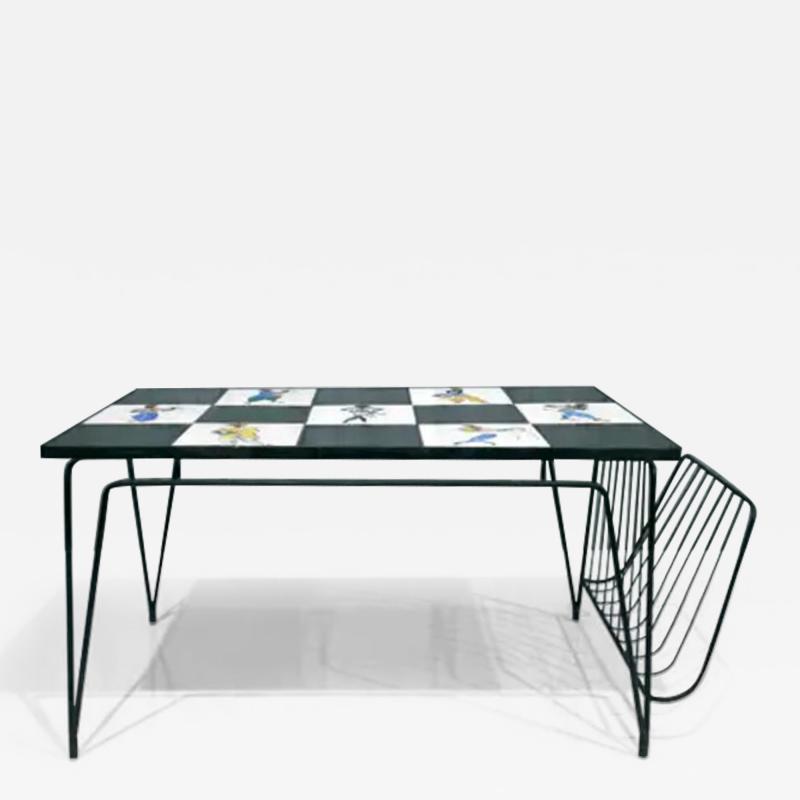 Brazilian Modern Checkered Coffee Table in Metal Tile w Illustration 1950s
