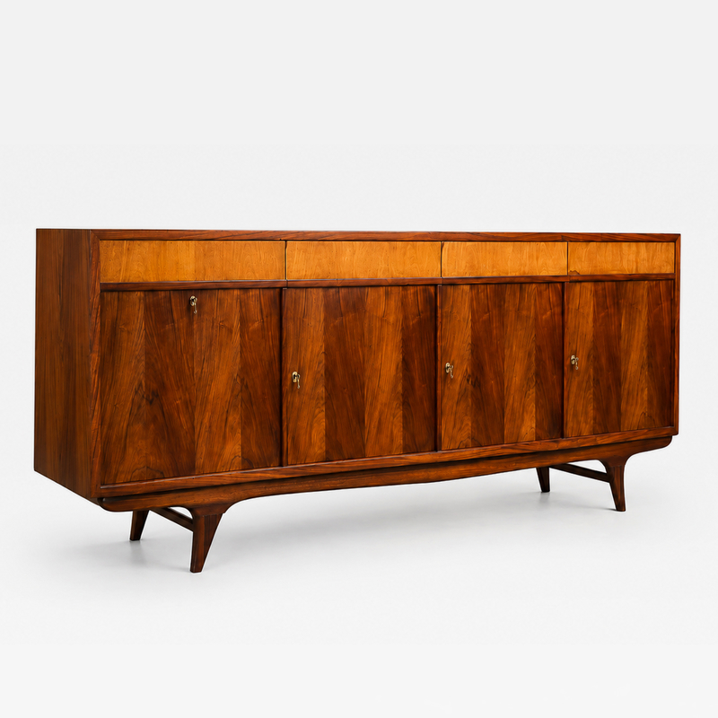 Brazilian Modern Four Door Four Drawer Cavi na Credenza with Drop Front Bar