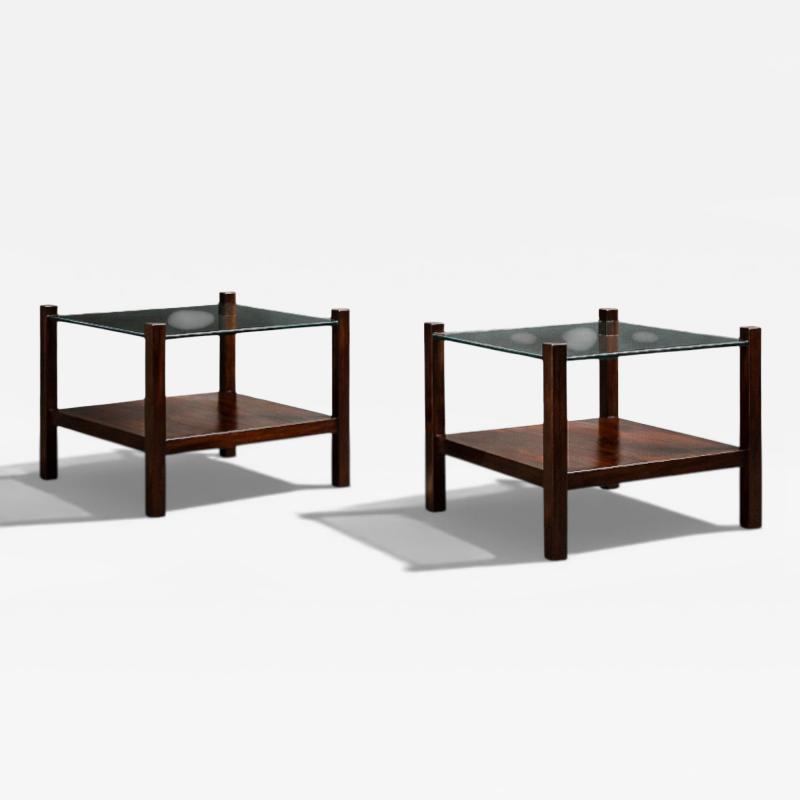 Brazilian Modern Pair of Square Side Tables in Rosewood and Glass Brazil 1960s