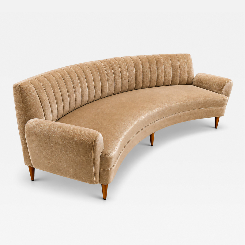 Brazilian Modern Sculptural Curved Sofa in Mohair and Cavi na wood
