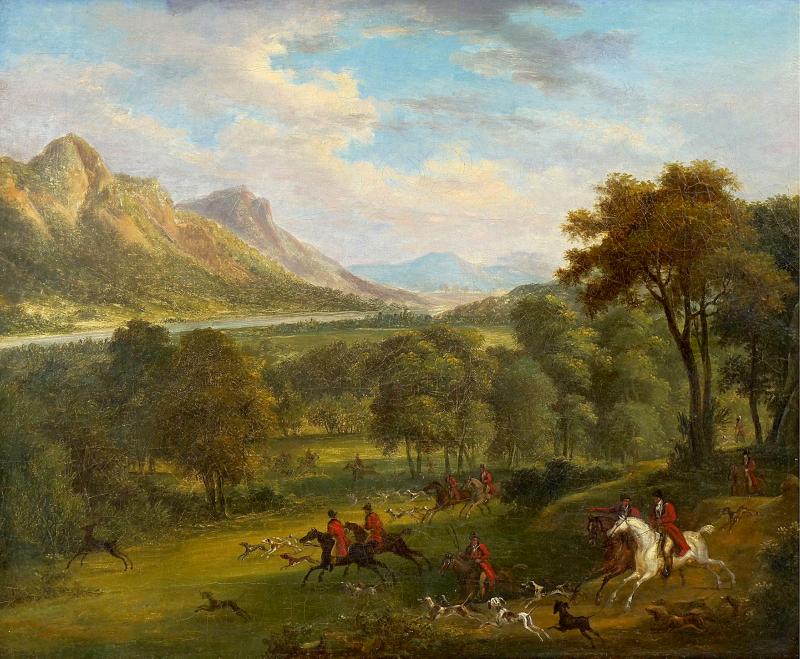 British School 19th C Antique Oil Landscape Painting of A Hunting Party 