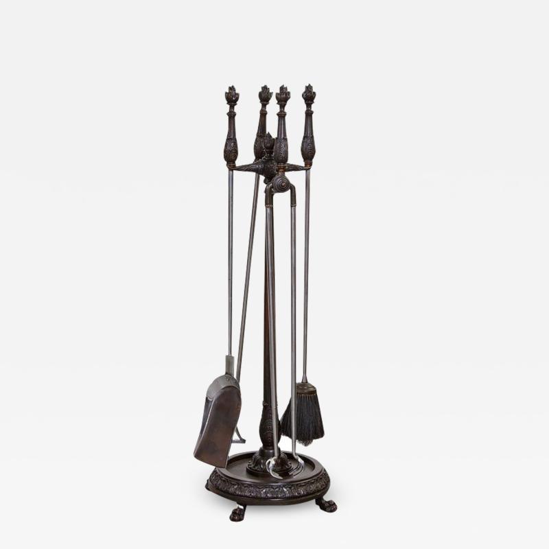 Bronze and Steel Flame Finial Firetools on Stand
